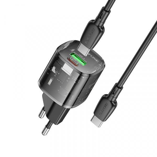 Borofone Wall Charger BN17 Sunlight, 20W, 3A, 1 x USB-A - 1 x USB-C, with USB-C Cable, Black