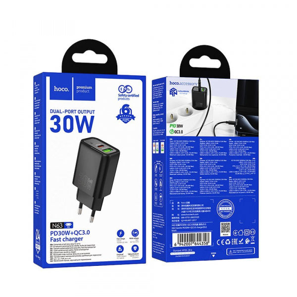 Hoco Wall Charger N63, 30W, 3A, 1 x USB-A - 1 x USB-C, Black