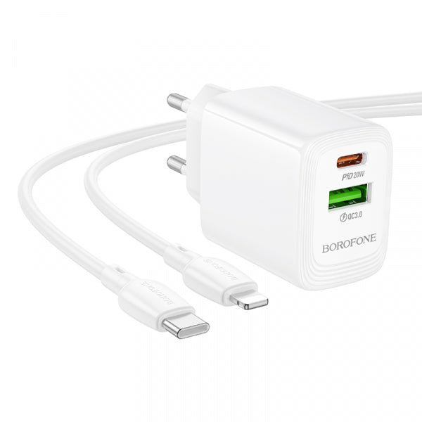 Borofone Wall Charger BN27 Fuente, 20W, 3A, 1 x USB-A - 1 x USB-C, with Lightning Cable, White