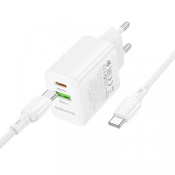 Borofone Wall Charger BN29 Fuente, 30W, 3A, 1 x USB-A - 1 x USB-C, with USB-C Cable, White