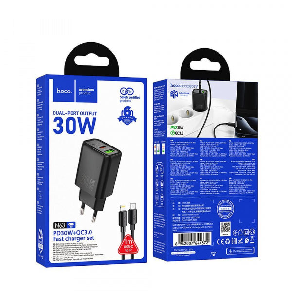 Hoco Wall Charger N63, 30W, 3A, 1 x USB-A - 1 x USB-C, with Lightning Cable, Black