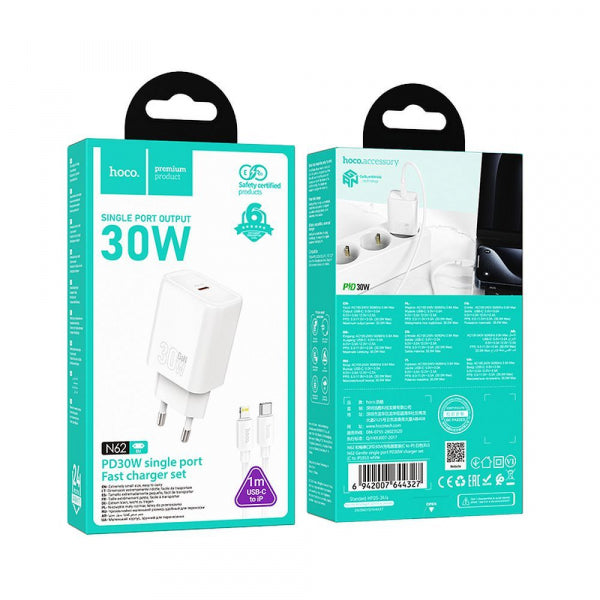 Hoco Wall Charger N62, 30W, 3A, 1 x USB-C, with Lightning Cable, White
