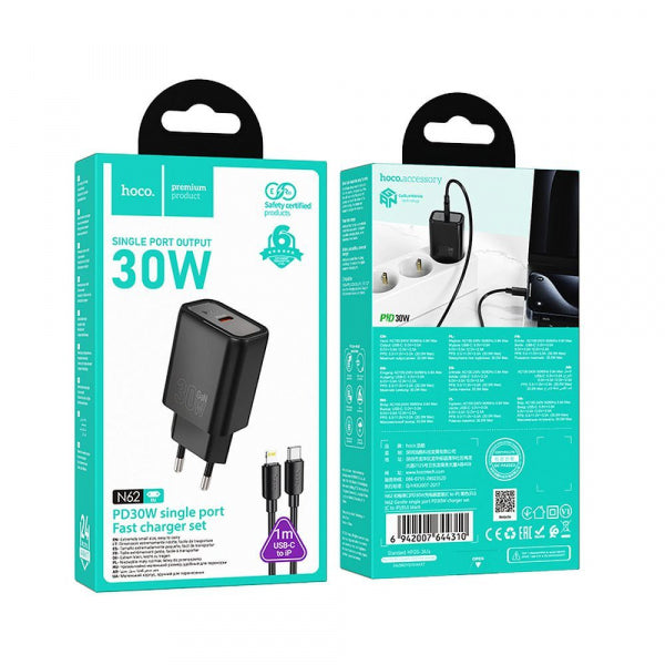 Hoco Wall Charger N62, 30W, 3A, 1 x USB-C, with Lightning Cable, Black