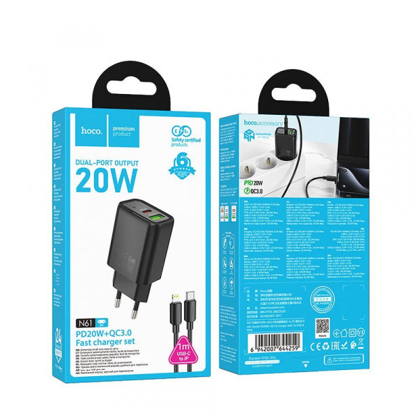 Hoco Wall Charger N61, 20W, 3A, 1 x USB-A - 1 x USB-C, with USB-C Cable, Black