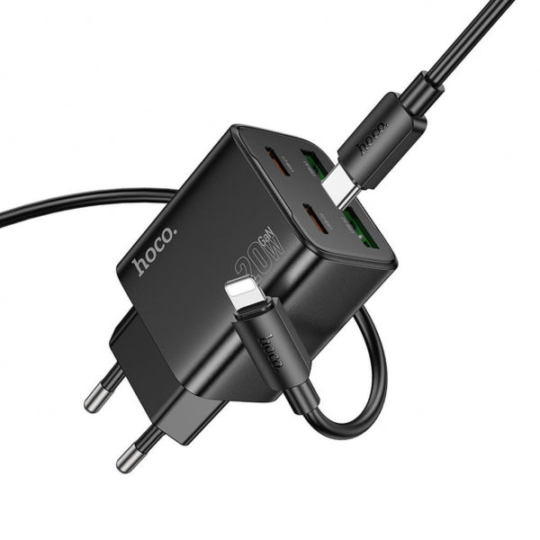 Hoco Wall Charger N55, 20W, 3A, 2 x USB-A - 2 x USB-C, with Lightning Cable, Black