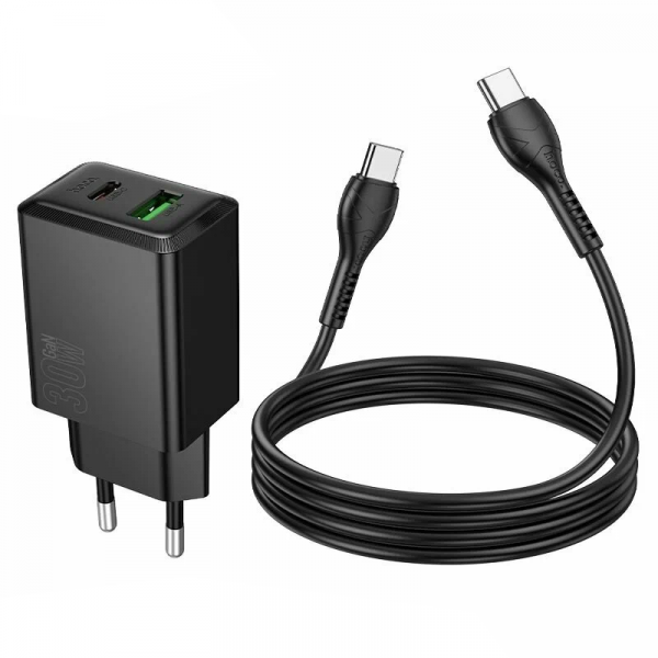Hoco Wall Charger N71, 30W, 3A, 1 x USB-A - 1 x USB-C, with USB-C Cable, Black