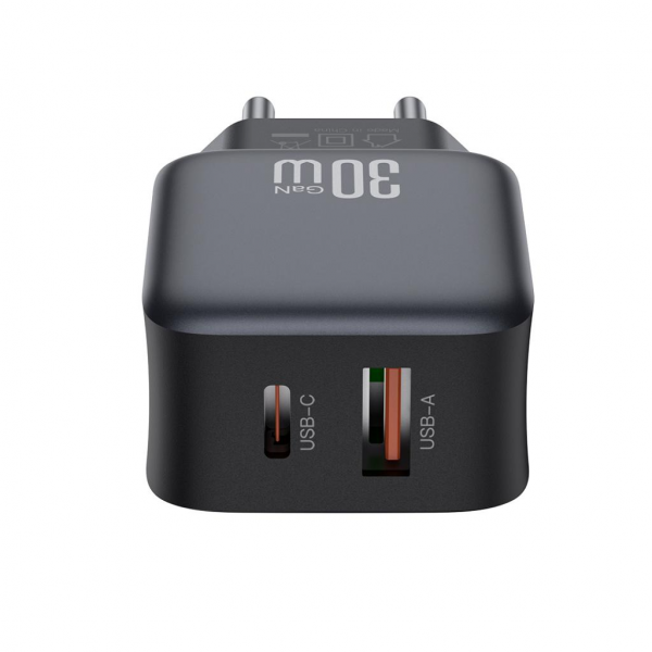 XO Design Wall Charger L156, 30W, 3A, 1 x USB-A - 1 x USB-C, with Lightning Cable, Black