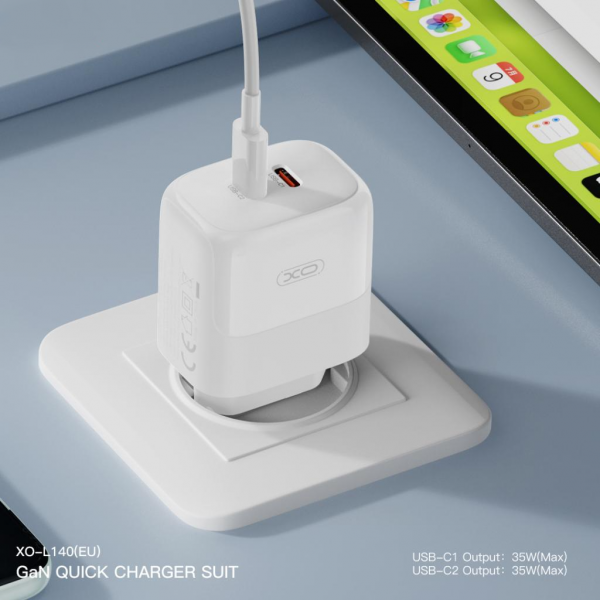 XO Design Wall Charger L140, 35W, 3A, 2 x USB-C, with Lightning Cable, White