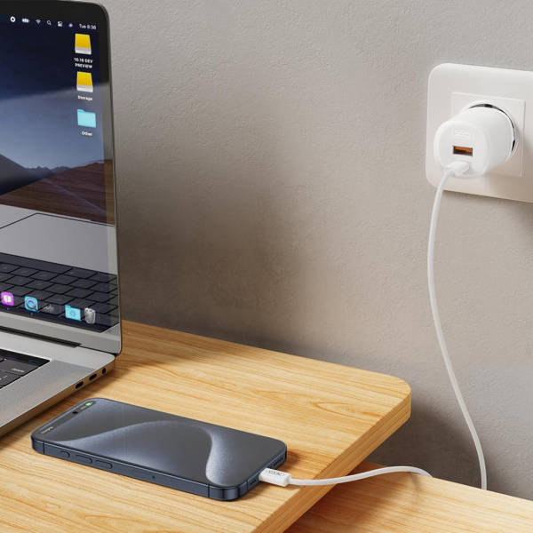XO Design Wall Charger L151, 30W, 3A, 1 x USB-A - 1 x USB-C, with Lightning Cable, White