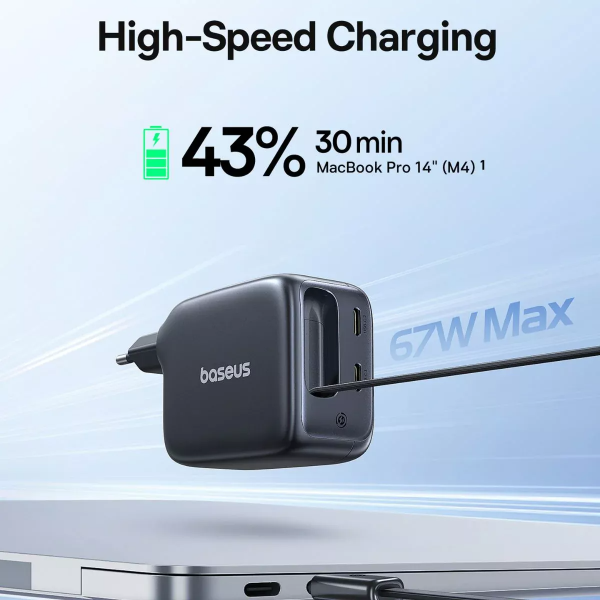 Baseus Wall Charger EnerCore CJ11, 67W, 3.35A, 2 x USB-C, with USB-C Cable, Black E0121E00