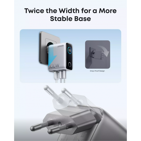 Anker Wall Charger Smart Display, 100W, 5A, 1 x USB-A - 2 x USB-C, with USB-C Cable, Silver B121BG41