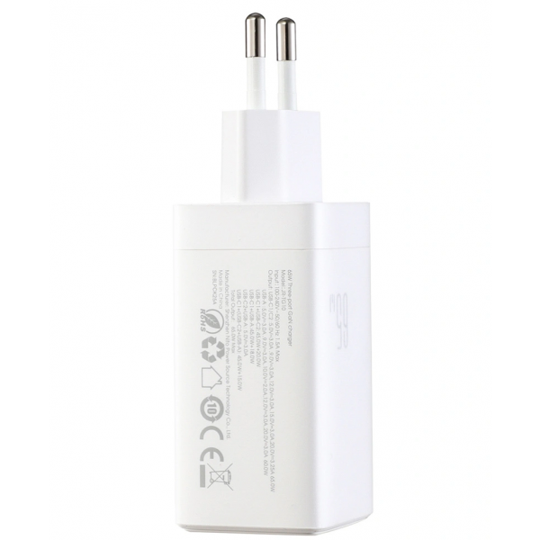 Joyroom Wall Charger JR-TG10, 65W, 3.25A, 1 x USB-A - 2 x USB-C, with USB-C Cable, White