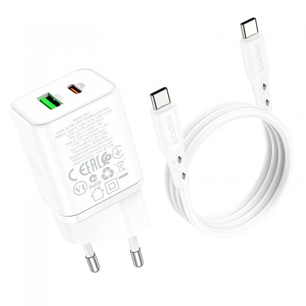 Borofone Wall Charger BN7, 20W, 3A, 1 x USB-A - 1 x USB-C, with USB-C Cable, White