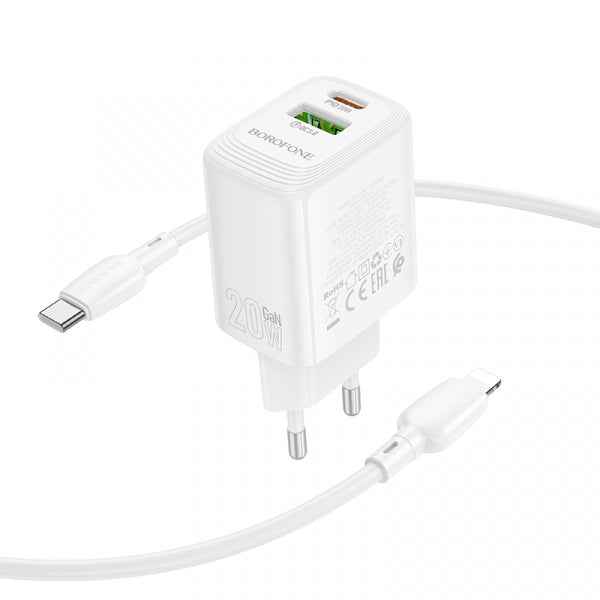 Borofone Wall Charger BN27 Fuente, 20W, 3A, 1 x USB-A - 1 x USB-C, with Lightning Cable, White