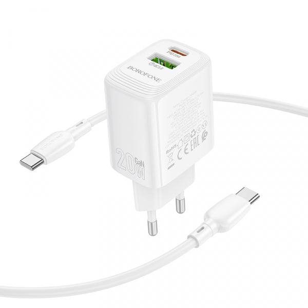 Borofone Wall Charger BN27 Fuente, 20W, 3A, 1 x USB-A - 1 x USB-C, with USB-C Cable, White