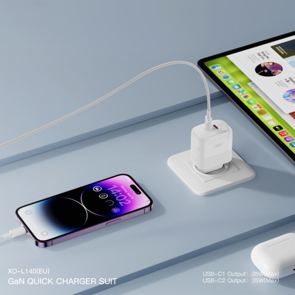 XO Design Wall Charger L140, 35W, 3A, 2 x USB-C, with Lightning Cable, White