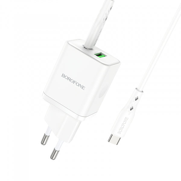 Borofone Wall Charger BN7, 20W, 3A, 1 x USB-A - 1 x USB-C, with USB-C Cable, White