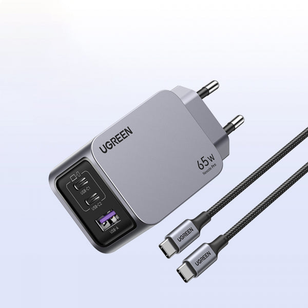 Ugreen Wall Charger X755 Nexode Pro, 65W, 3A, 1 x USB-A - 2 x USB-C, with USB-C Cable, Grey