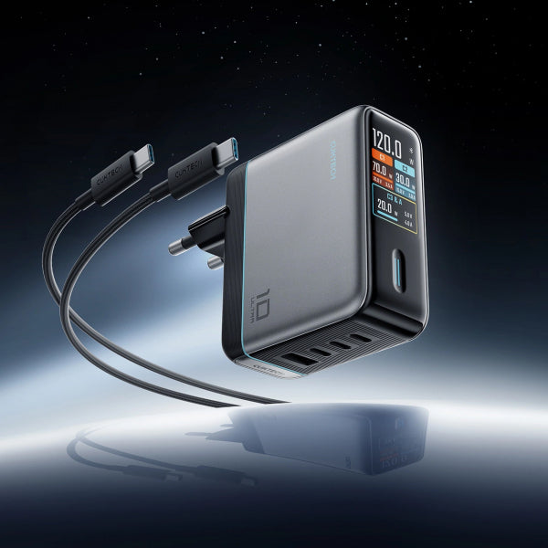 Cuktech Wall Charger AD1204U Display, 120W, 6A, 1 x USB-A - 2 x USB-C, with USB-C Cable, Silver