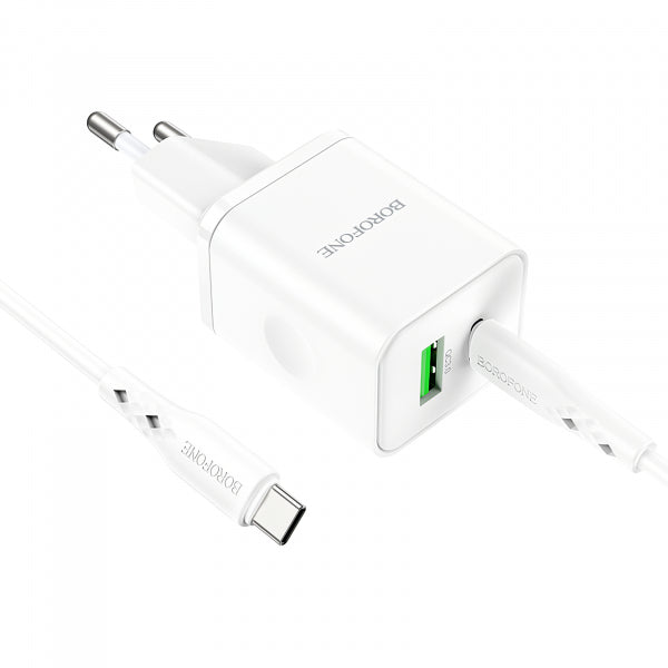 Borofone Wall Charger BN7, 20W, 3A, 1 x USB-A - 1 x USB-C, with USB-C Cable, White