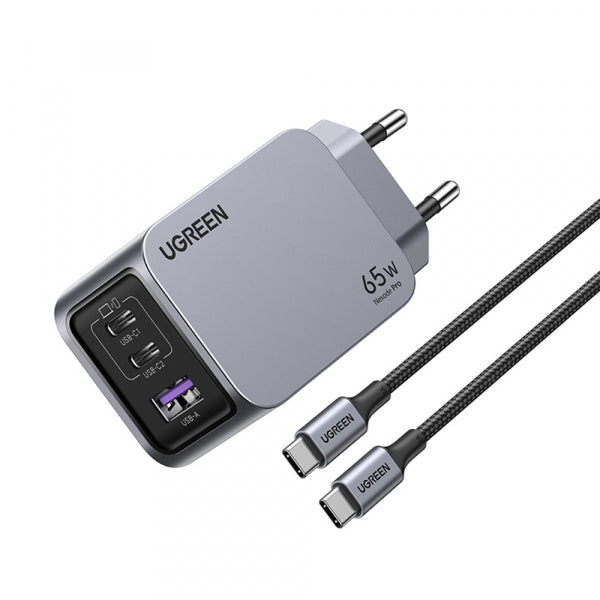 Ugreen Wall Charger X755 Nexode Pro, 65W, 3A, 1 x USB-A - 2 x USB-C, with USB-C Cable, Grey
