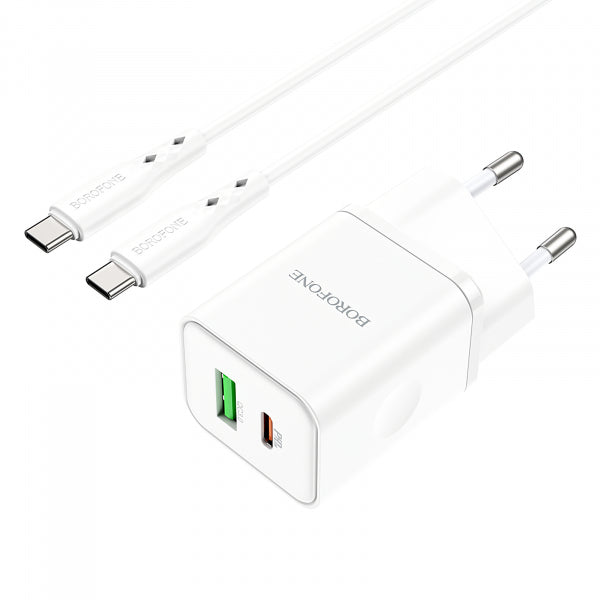 Borofone Wall Charger BN7, 20W, 3A, 1 x USB-A - 1 x USB-C, with USB-C Cable, White