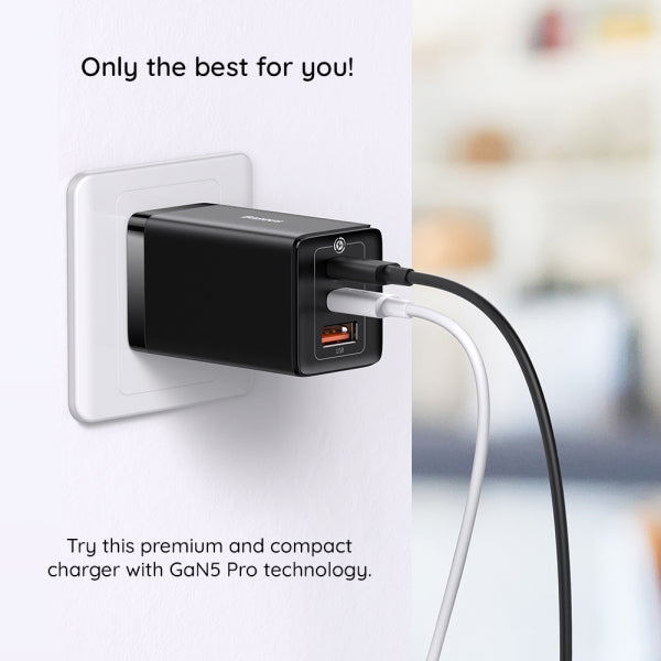 Baseus Wall Charger GaN5 Pro, 65W, 3.25A, 1 x USB-A - 2 x USB-C, with USB-C Cable, Black CCGP120201