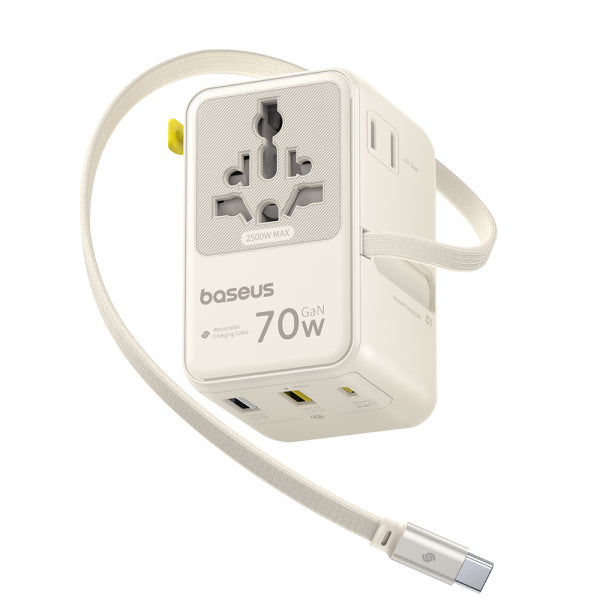 Baseus Wall Charger Travel EnerCore CG11, 70W, 2 x Socket - 1 x USB-C - 2 x USB-A, with USB-C Cable, White E0307E01