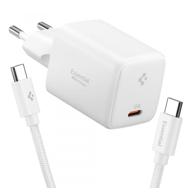 Spigen Wall Charger EE451EU Essential, 45W, 3A, 1 x USB-C, with USB-C Cable, White ACH09473