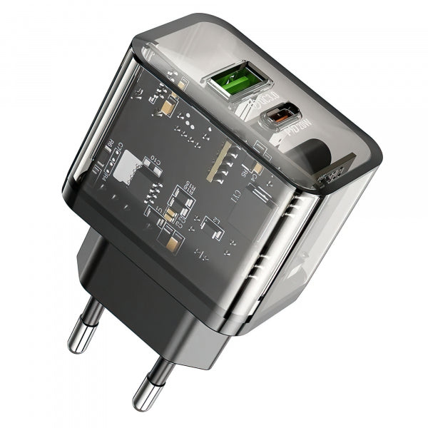 Hoco Wall Charger N34, 20W, 3A, 1 x USB-A - 1 x USB-C, Transparent