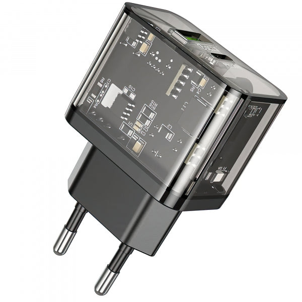 Hoco Wall Charger N34, 20W, 3A, 1 x USB-A - 1 x USB-C, Transparent