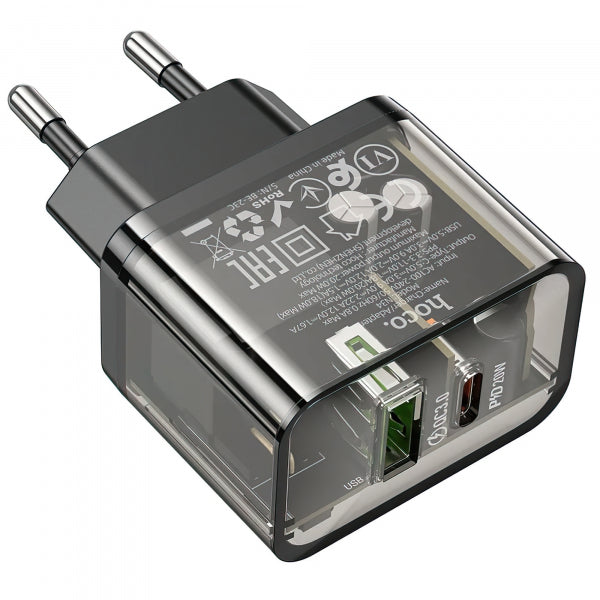 Hoco Wall Charger N34, 20W, 3A, 1 x USB-A - 1 x USB-C, Transparent