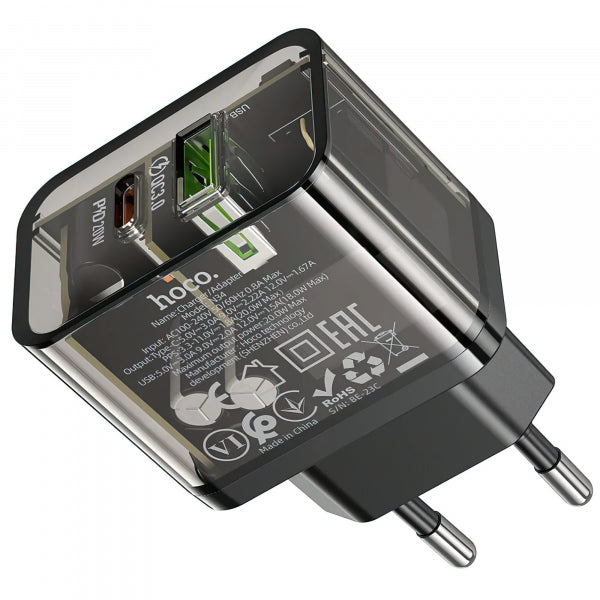 Hoco Wall Charger N34, 20W, 3A, 1 x USB-A - 1 x USB-C, Transparent