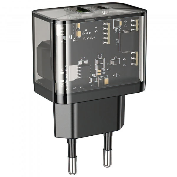 Hoco Wall Charger N34, 20W, 3A, 1 x USB-A - 1 x USB-C, Transparent