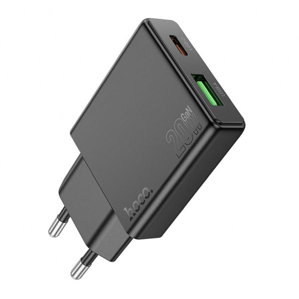 Hoco Wall Charger N38, 20W, 3A, 1 x USB-A - 1 x USB-C, Black