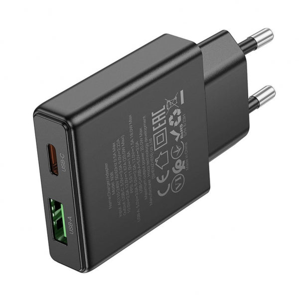 Hoco Wall Charger N38, 20W, 3A, 1 x USB-A - 1 x USB-C, Black