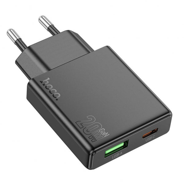 Hoco Wall Charger N38, 20W, 3A, 1 x USB-A - 1 x USB-C, Black