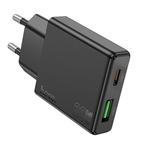 Hoco Wall Charger N38, 20W, 3A, 1 x USB-A - 1 x USB-C, Black