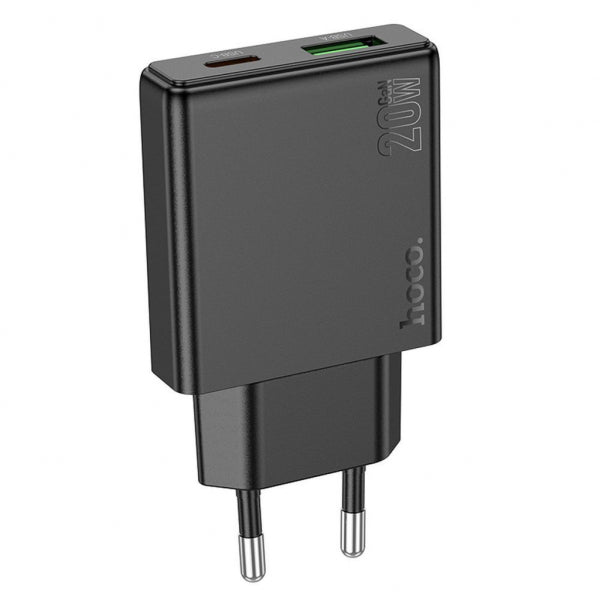 Hoco Wall Charger N38, 20W, 3A, 1 x USB-A - 1 x USB-C, Black