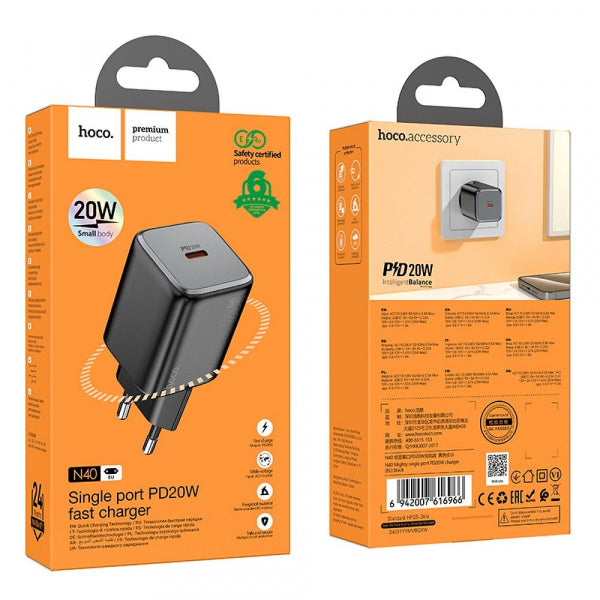 Hoco Wall Charger N40, 20W, 3A, 1 x USB-C, Black