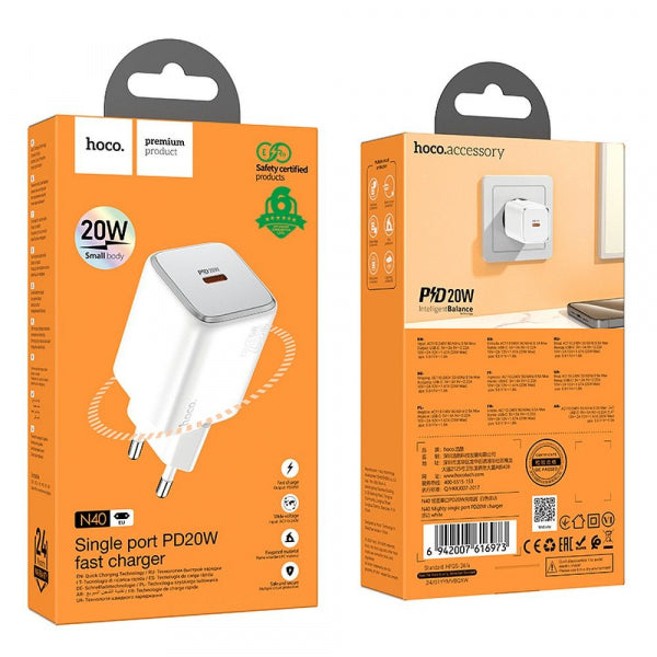 Hoco Wall Charger N40, 20W, 3A, 1 x USB-C, White