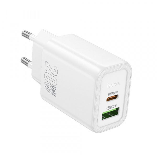 Hoco Wall Charger N61, 20W, 3A, 1 x USB-A - 1 x USB-C, White