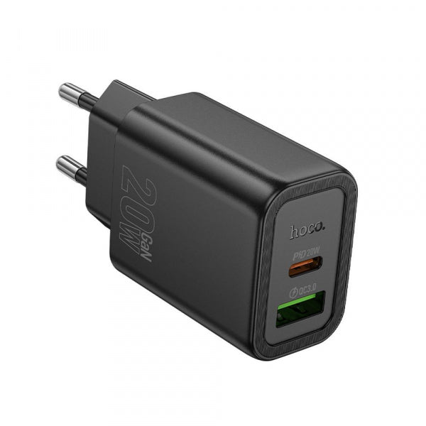 Hoco Wall Charger N61, 20W, 3A, 1 x USB-A - 1 x USB-C, Black
