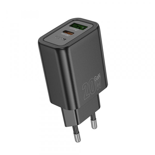 Hoco Wall Charger N61, 20W, 3A, 1 x USB-A - 1 x USB-C, Black