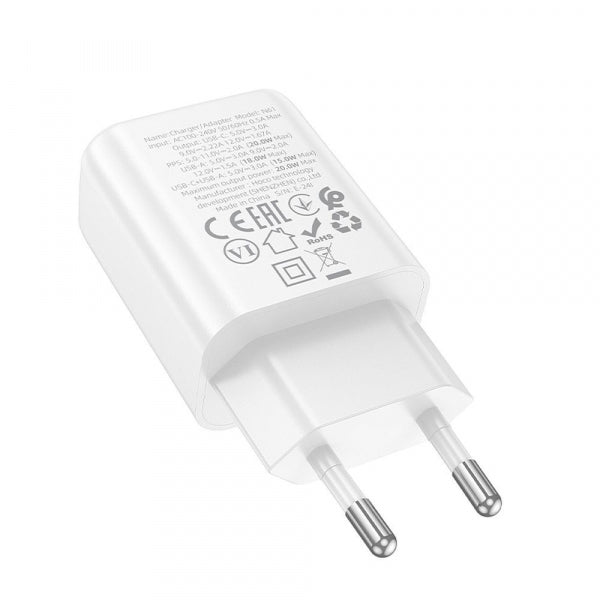 Hoco Wall Charger N61, 20W, 3A, 1 x USB-A - 1 x USB-C, White