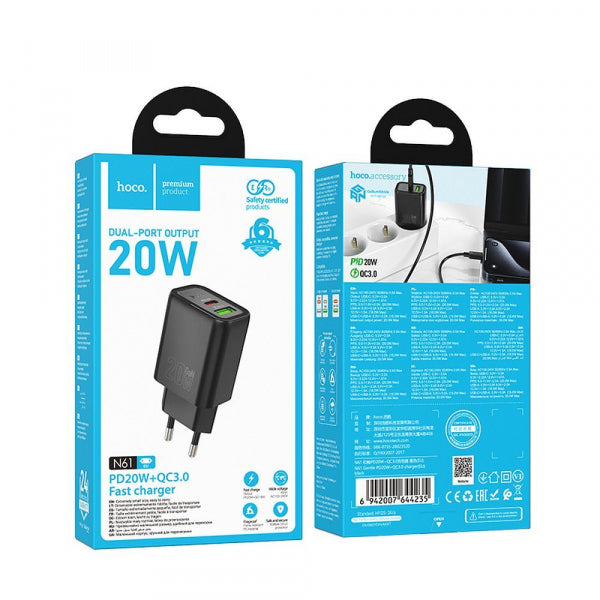Hoco Wall Charger N61, 20W, 3A, 1 x USB-A - 1 x USB-C, Black