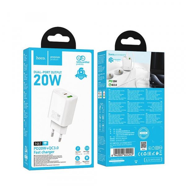 Hoco Wall Charger N61, 20W, 3A, 1 x USB-A - 1 x USB-C, White