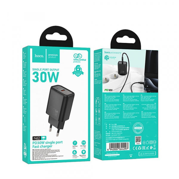 Hoco Wall Charger N62, 30W, 3A, 1 x USB-C, Black