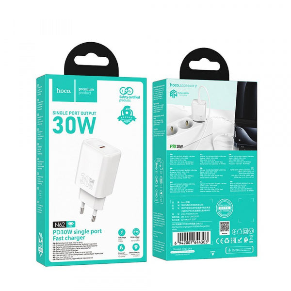 Hoco Wall Charger N62, 30W, 3A, 1 x USB-C, White