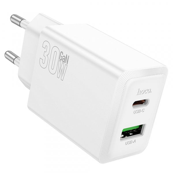 Hoco Wall Charger N71, 30W, 3A, 1 x USB-A - 1 x USB-C, White